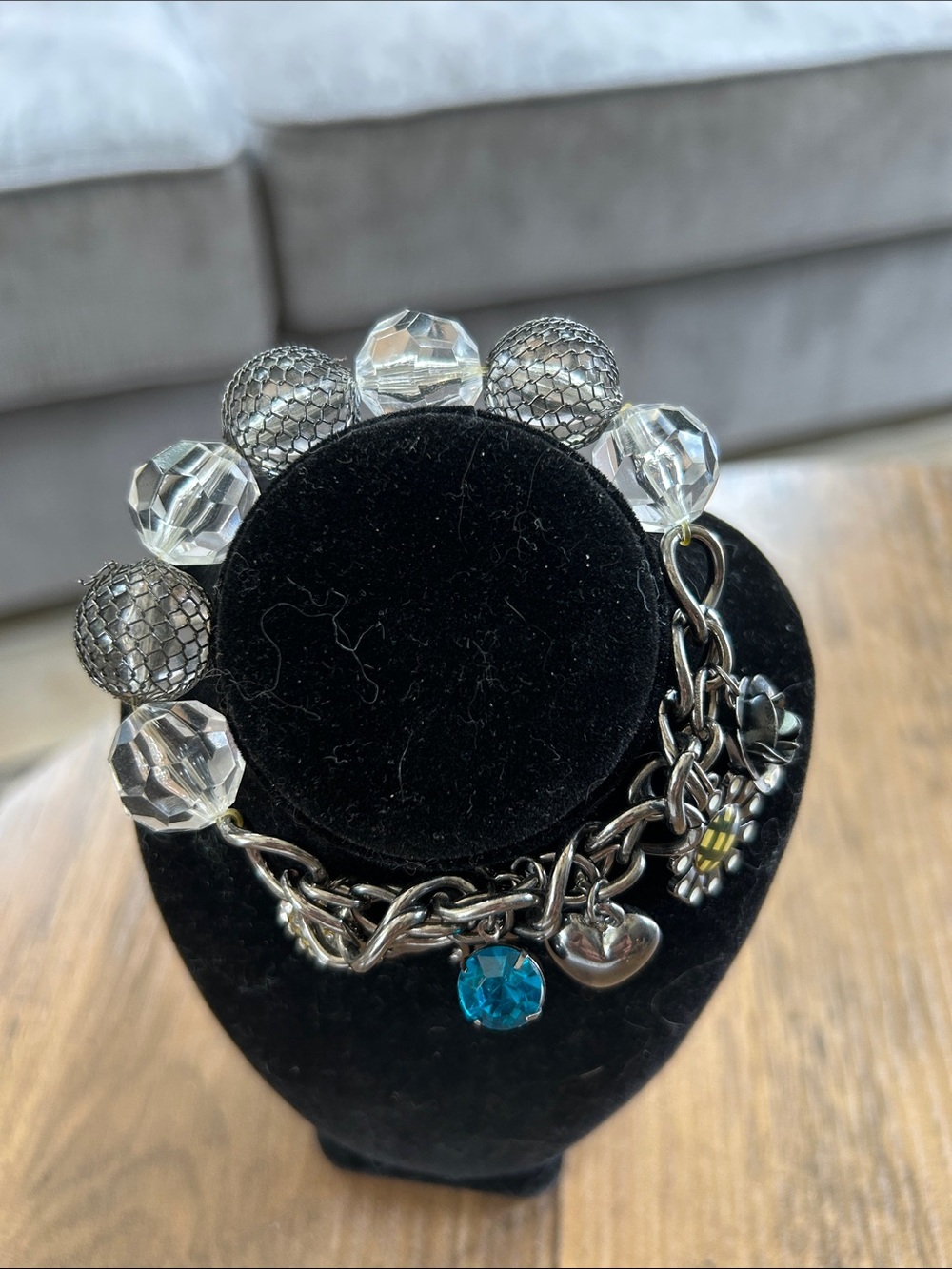 Silver Charm Stretch Bracelet with Clear Beads and Multiple Charms